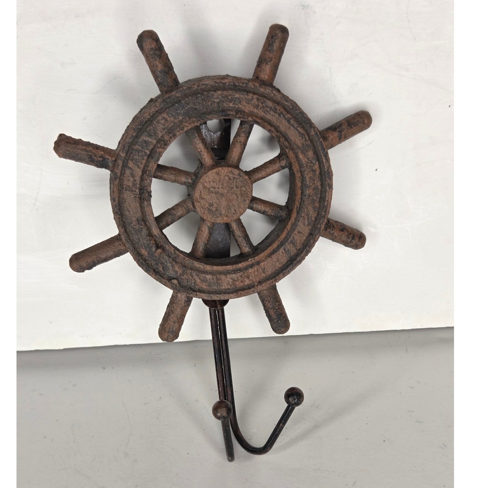 Rustic Cast Iron Ships Wheel Wall Hook Nautical Maritime Decor Double Hook